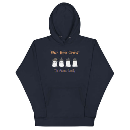 Custom Boo Crew Family Hoodie – Halloween Ghost Parade in navy featuring personalized ghost designs.