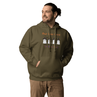 Man wearing a Custom Boo Crew Family Hoodie – Halloween Ghost Parade featuring cute ghosts.