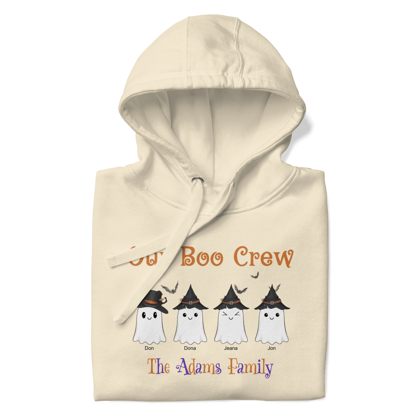 Custom Boo Crew Family Hoodie – Halloween Ghost Parade featuring four personalized ghost characters.