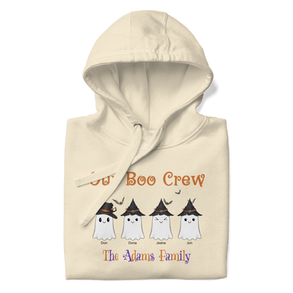 Custom Boo Crew Family Hoodie – Halloween Ghost Parade featuring four personalized ghost characters.