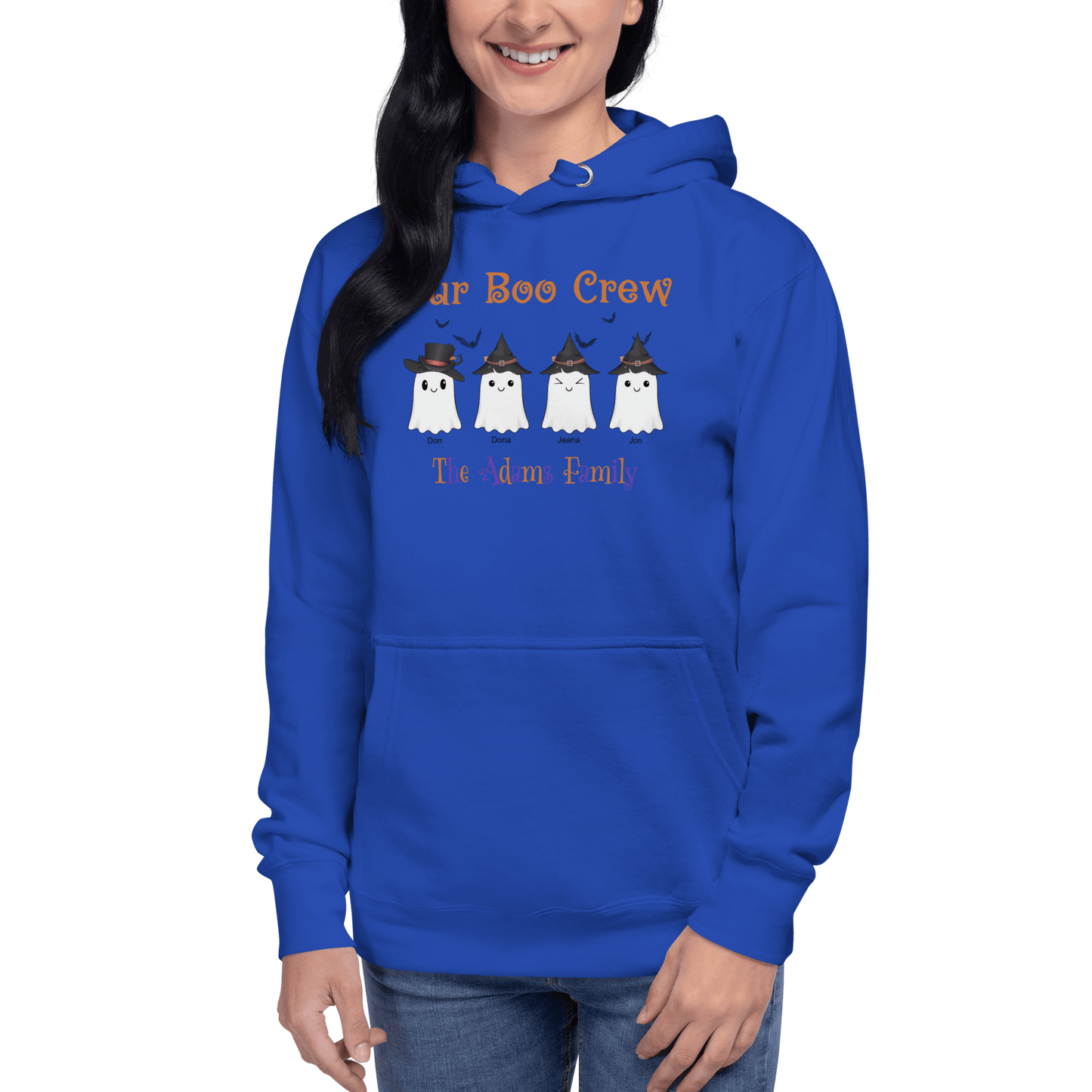 Custom Boo Crew Family Hoodie – Halloween Ghost Parade featuring personalized ghost designs for a cozy Halloween look.