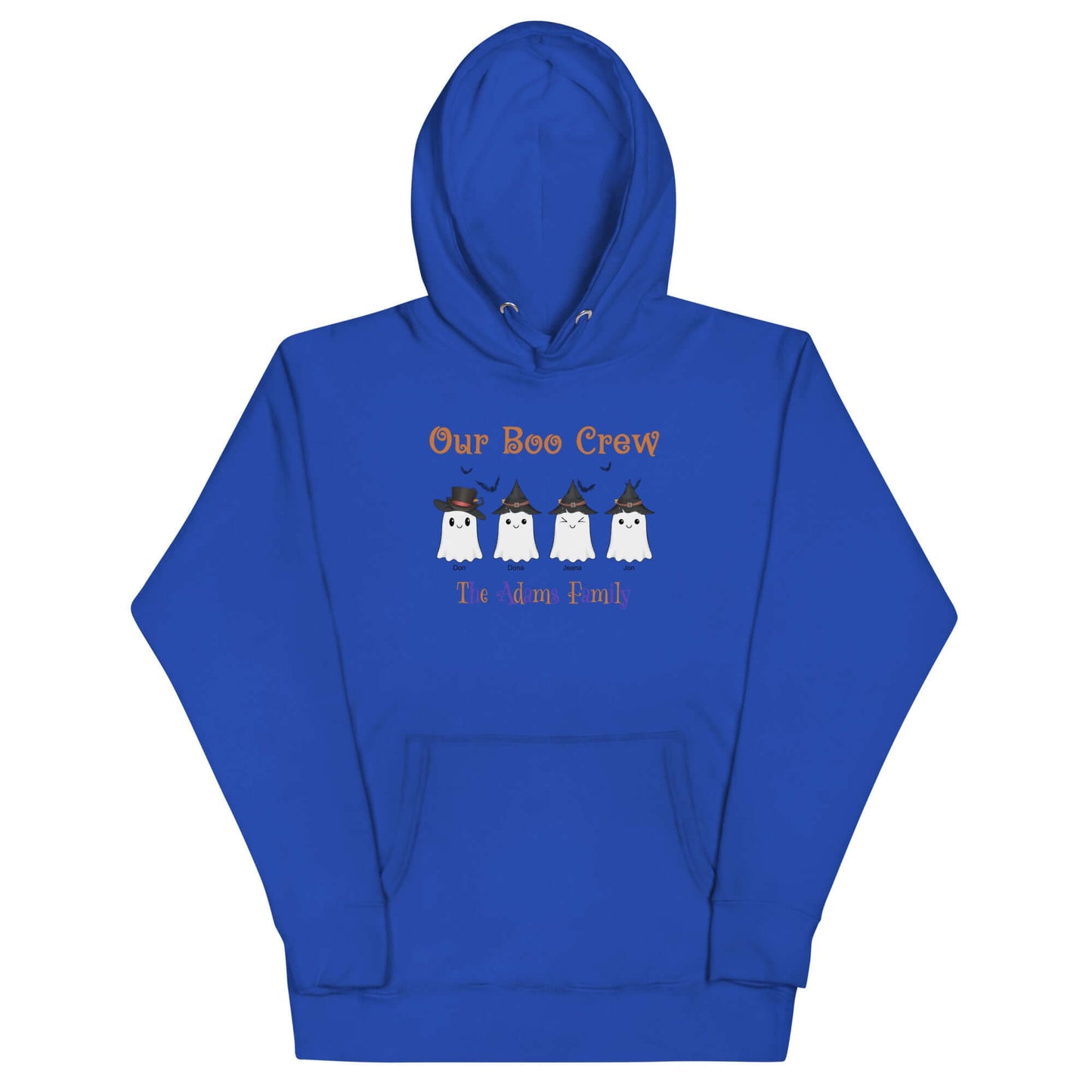 Custom Boo Crew Family Hoodie – Halloween Ghost Parade design featuring cute ghost characters on a blue pullover.