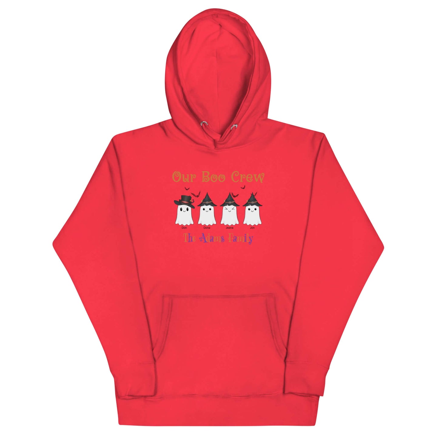 Custom Boo Crew Family Hoodie – Halloween Ghost Parade in vibrant red features cute ghost characters for family fun.