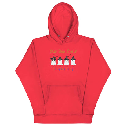 Custom Boo Crew Family Hoodie – Halloween Ghost Parade in vibrant red features cute ghost characters for family fun.