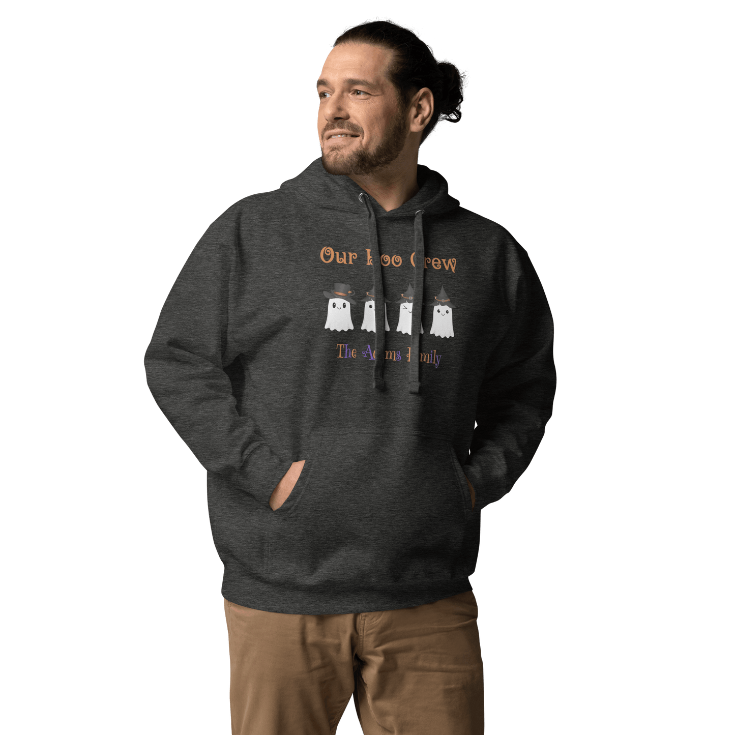 Custom Boo Crew Family Hoodie – Halloween Ghost Parade worn by a man, featuring cute ghost designs.