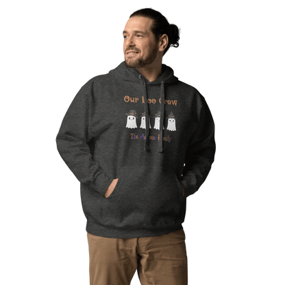 Custom Boo Crew Family Hoodie – Halloween Ghost Parade worn by a man, featuring cute ghost designs.