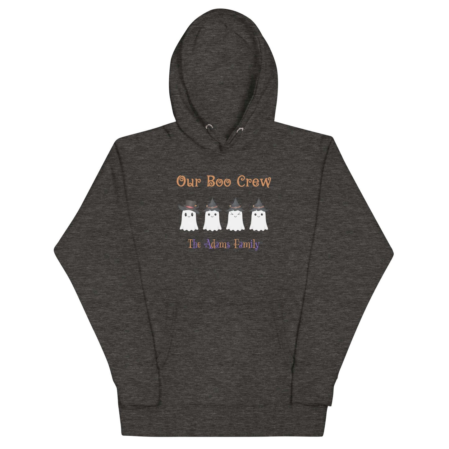 Custom Boo Crew Family Hoodie – Halloween Ghost Parade with ghosts design and family name on a gray pullover.