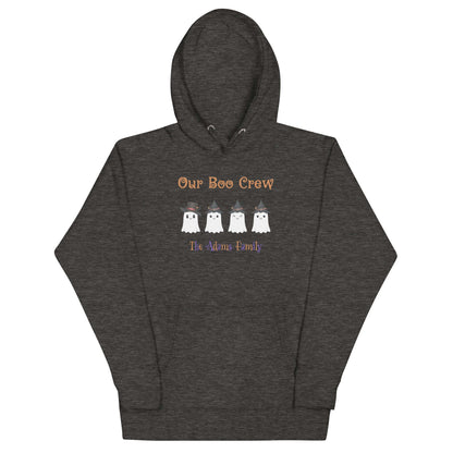 Custom Boo Crew Family Hoodie – Halloween Ghost Parade with ghosts design and family name on a gray pullover.