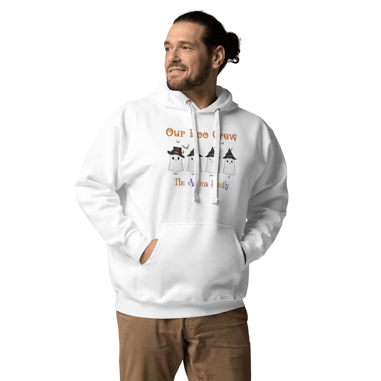 Custom Boo Crew Family Hoodie – Halloween Ghost Parade featuring a happy man wearing a personalized ghost hoodie.