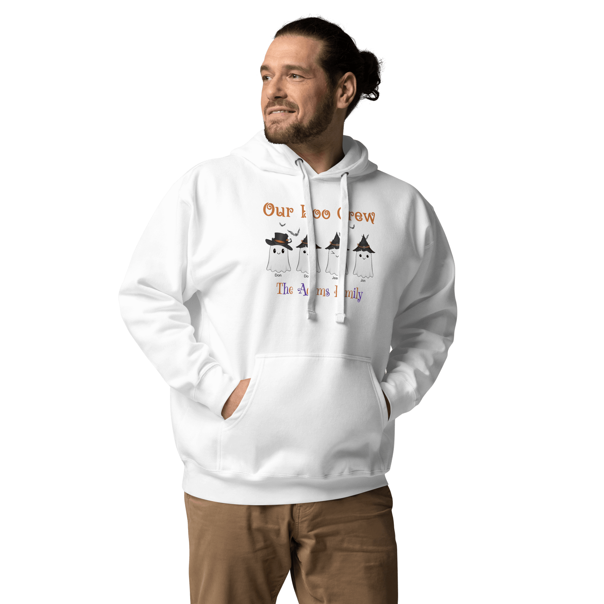 Custom Boo Crew Family Hoodie – Halloween Ghost Parade featuring a happy man wearing a personalized ghost hoodie.