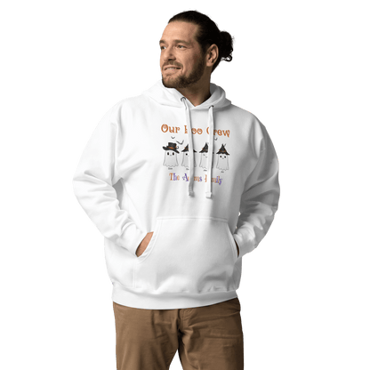 Custom Boo Crew Family Hoodie – Halloween Ghost Parade featuring a happy man wearing a personalized ghost hoodie.