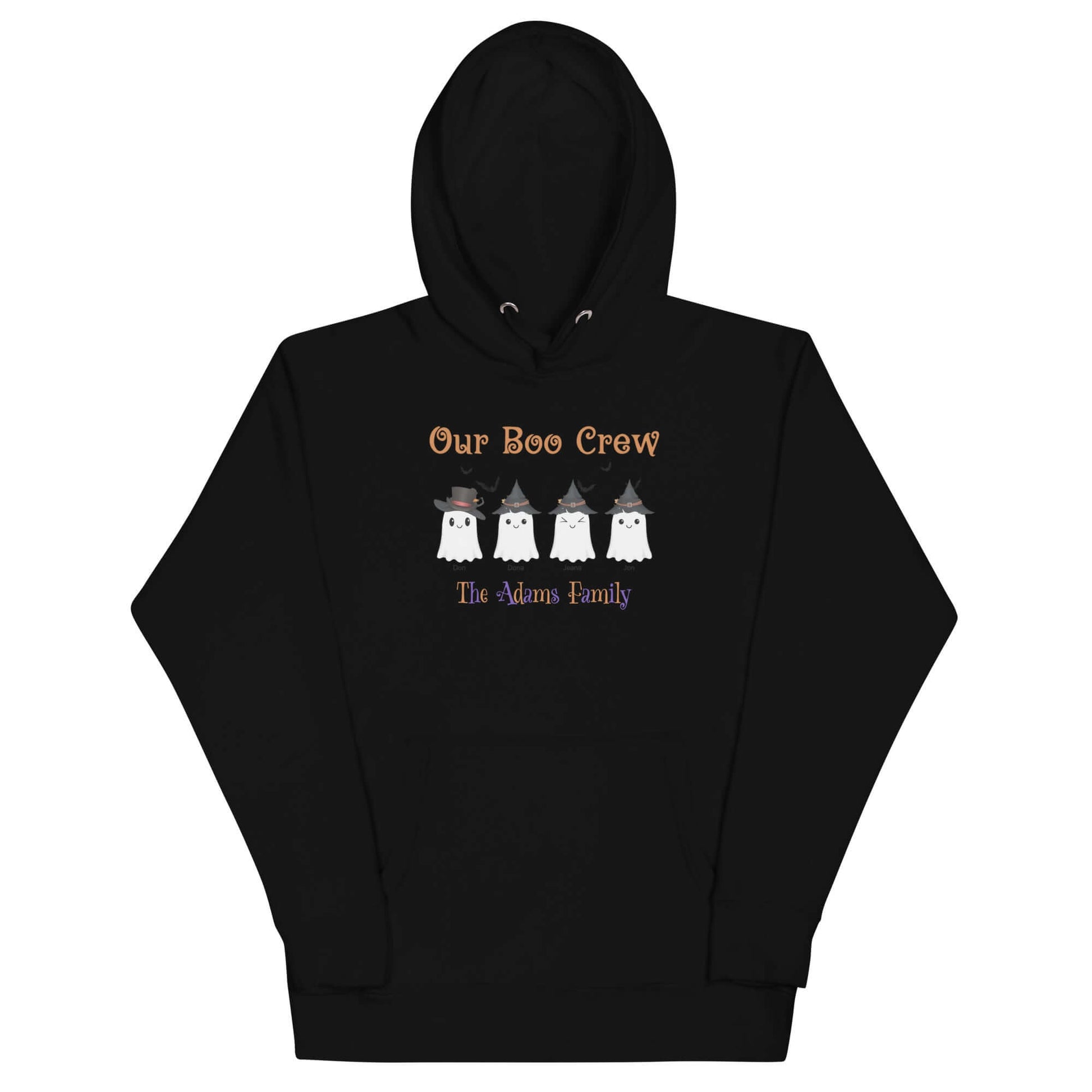 Custom Boo Crew Family Hoodie – Halloween Ghost Parade featuring personalized ghost designs for the Adams family.