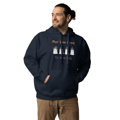 Custom Boo Crew Family Hoodie – Halloween Ghost Parade featuring a man wearing a cozy hoodie with cute ghost designs.
