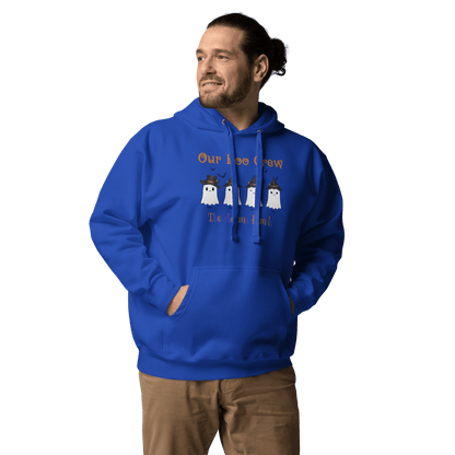Custom Boo Crew Family Hoodie – Halloween Ghost Parade featuring a person wearing a blue hoodie with ghost characters.