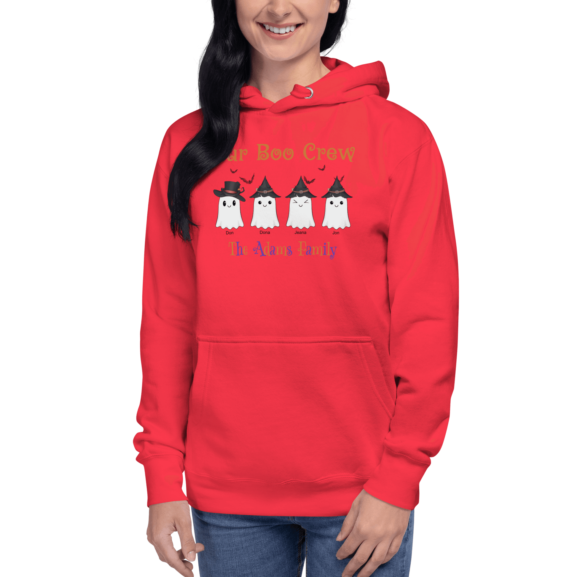 Custom Boo Crew Family Hoodie – Halloween Ghost Parade featuring cute ghost designs in a cozy red pullover.