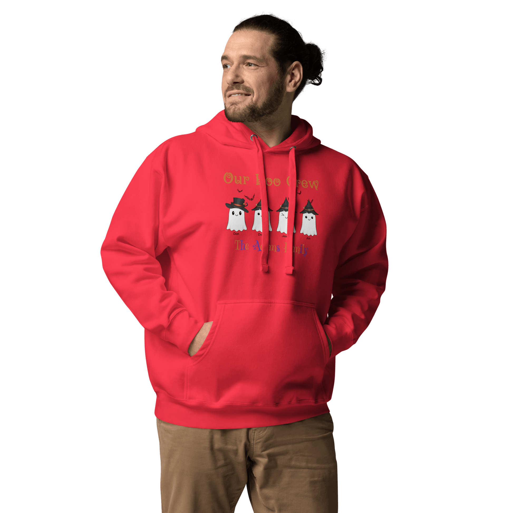 Custom Boo Crew Family Hoodie – Halloween Ghost Parade featuring a man wearing a red hoodie with ghost designs.