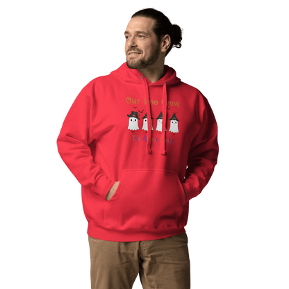 Custom Boo Crew Family Hoodie – Halloween Ghost Parade featuring a man wearing a red hoodie with ghost designs.