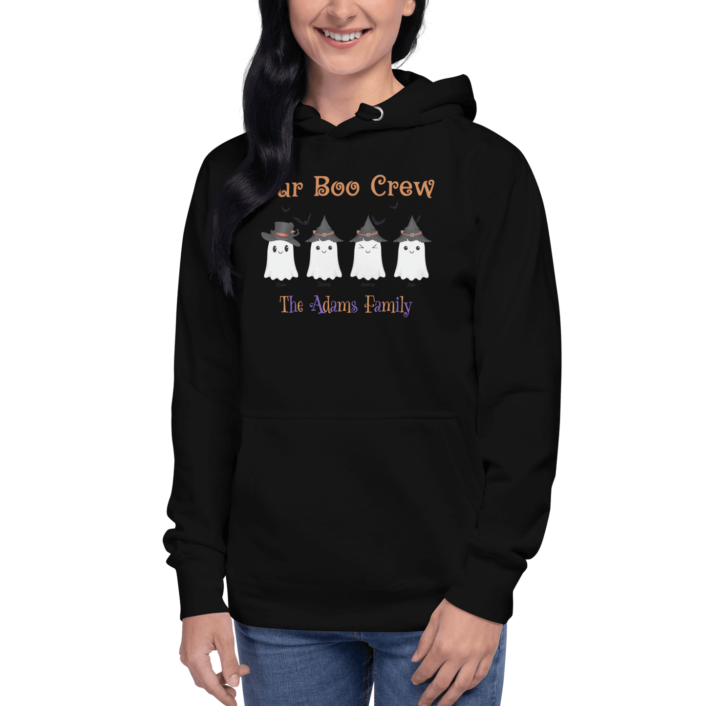 Custom Boo Crew Family Hoodie – Halloween Ghost Parade featuring adorable ghost designs for family celebrating Halloween.