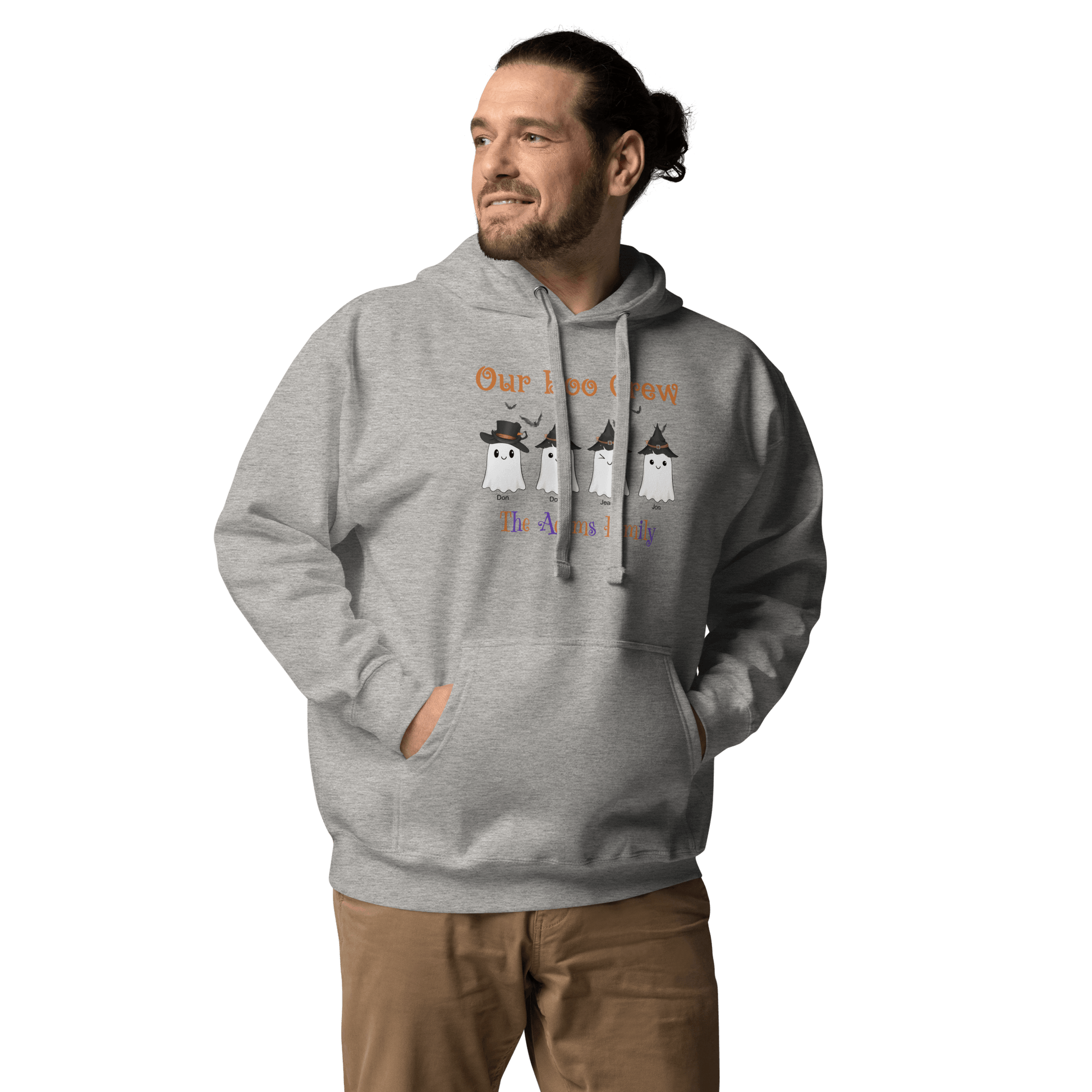 Custom Boo Crew Family Hoodie – Halloween Ghost Parade with three ghost characters on a gray pullover.