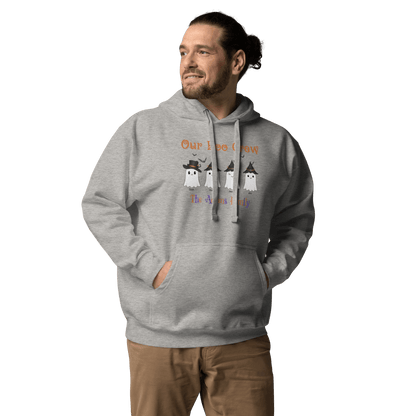 Custom Boo Crew Family Hoodie – Halloween Ghost Parade with three ghost characters on a gray pullover.