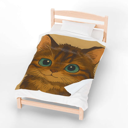 Cartoon Pet Blanket – Custom Plush Throw Featuring Your Pet’s Portrait on a cozy bed with a cat illustration.