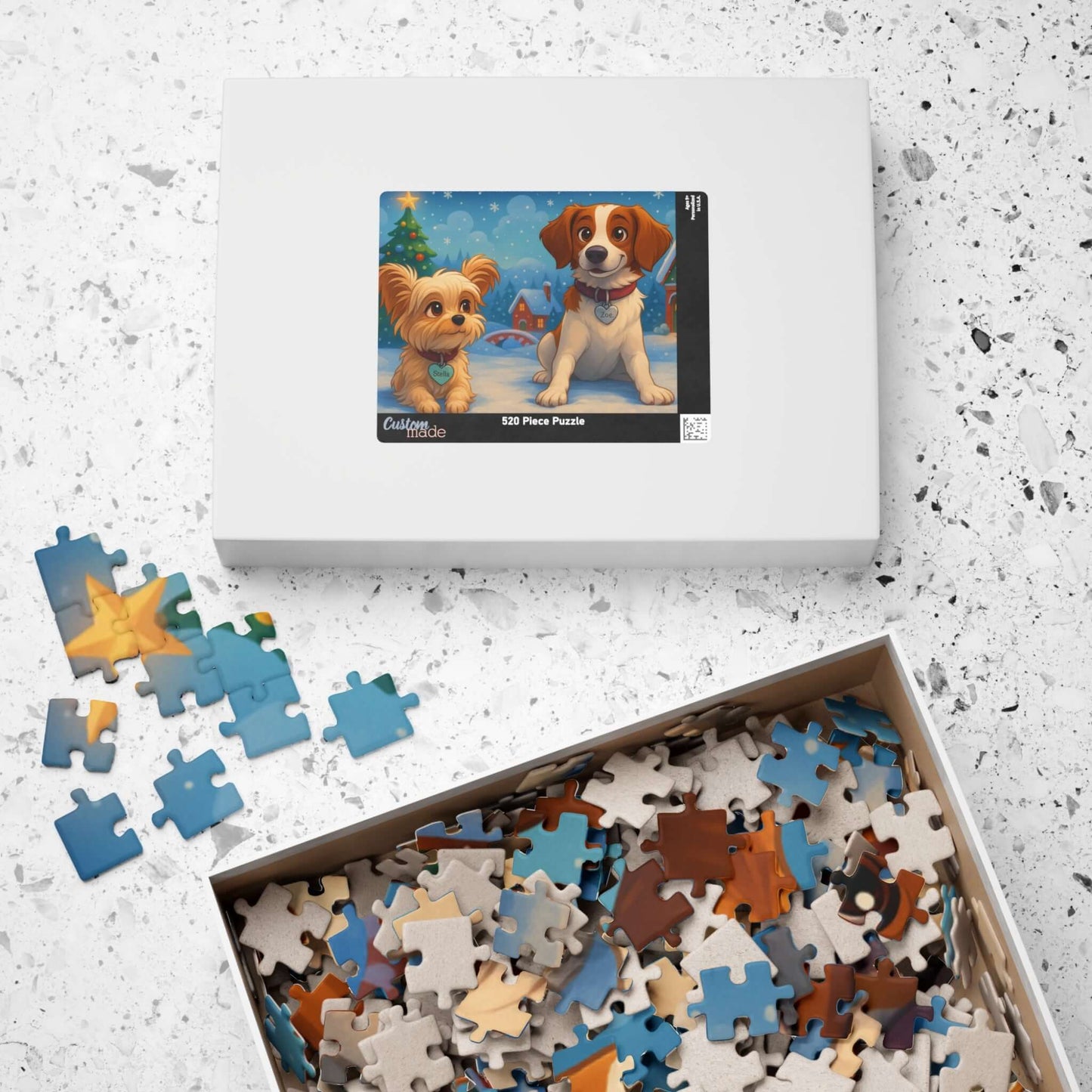 Magical Christmas Puzzle – Custom Cartoon from Your Photo featuring adorable dog characters and colorful puzzle pieces.