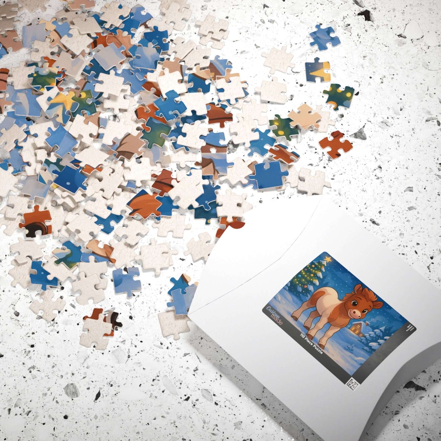 Magical Christmas Puzzle – Custom Cartoon from Your Photo with colorful puzzle pieces and packaging