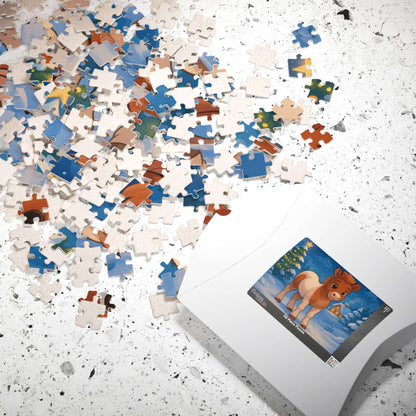Magical Christmas Puzzle – Custom Cartoon from Your Photo with colorful puzzle pieces and packaging