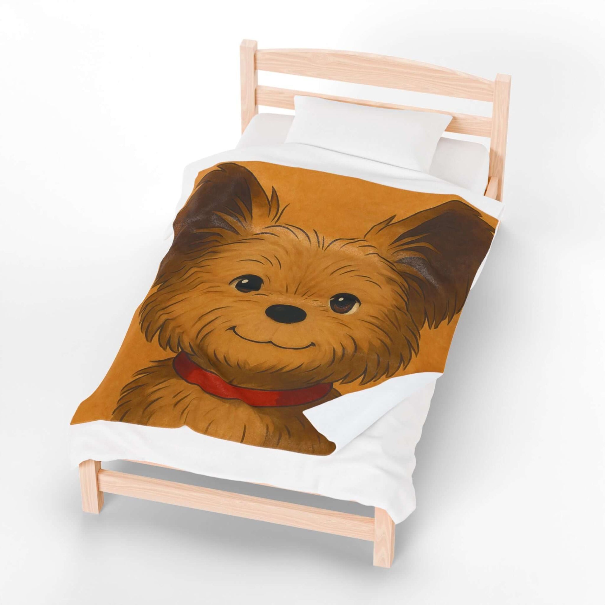 Cartoon Pet Blanket – Custom Plush Throw Featuring Your Pet’s Portrait on a cozy bed.