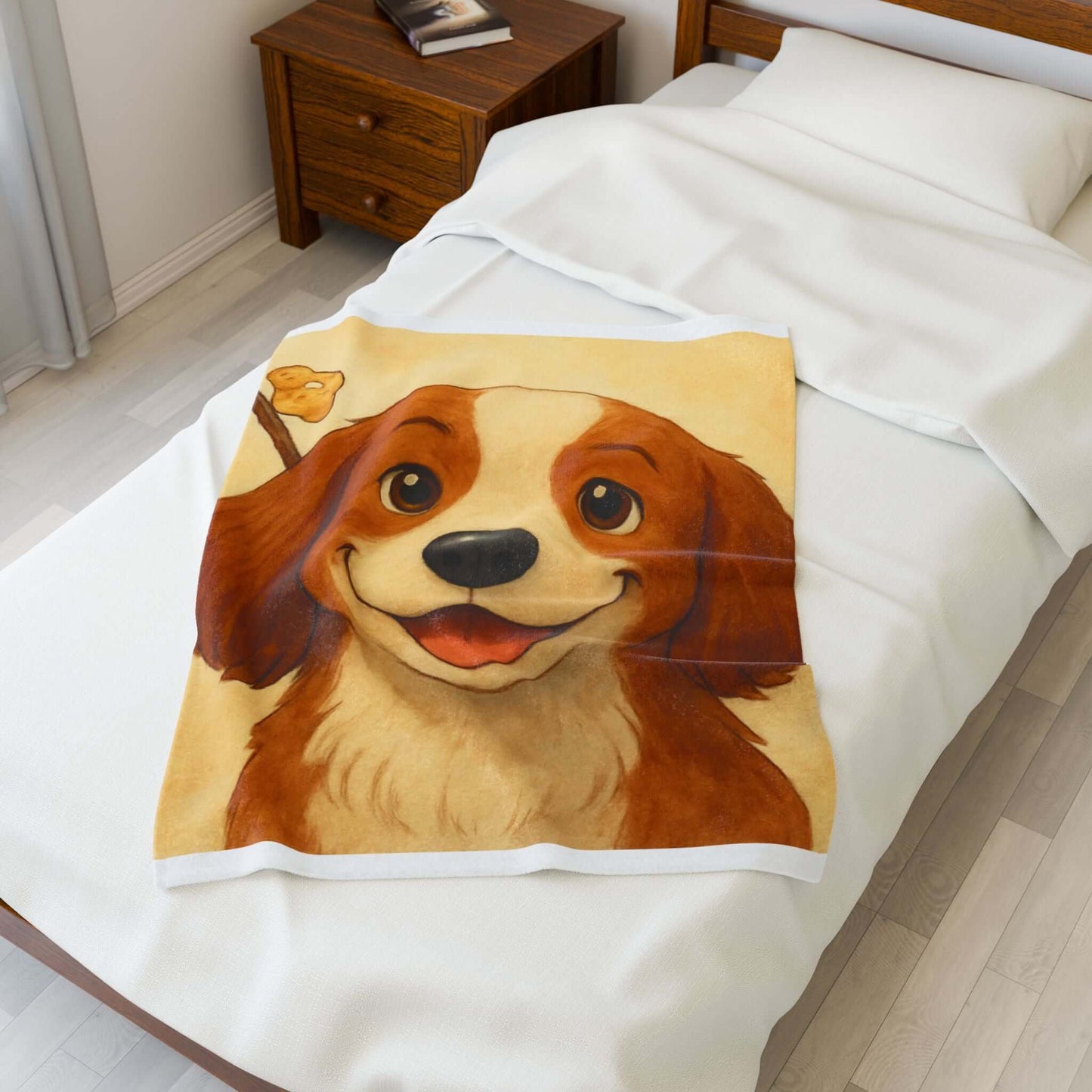 Cartoon Pet Blanket – Custom Plush Throw Featuring Your Pet’s Portrait on a cozy bed.