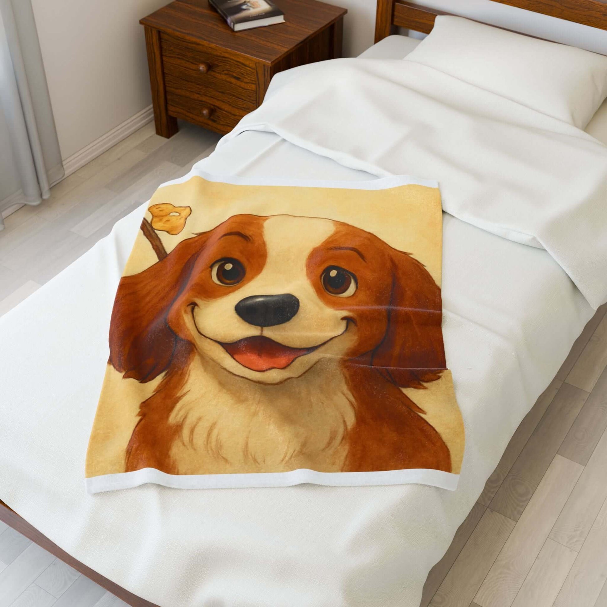 Cartoon Pet Blanket – Custom Plush Throw Featuring Your Pet’s Portrait on a cozy bed.