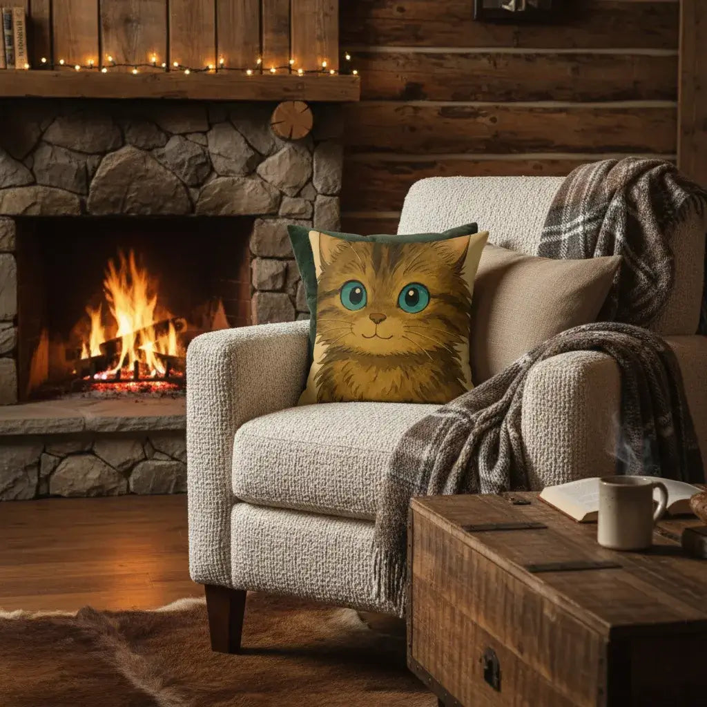 Cartoon Pet Pillow – Custom Illustration from Your Pet's Photo featuring a cute cat design on a cozy chair.