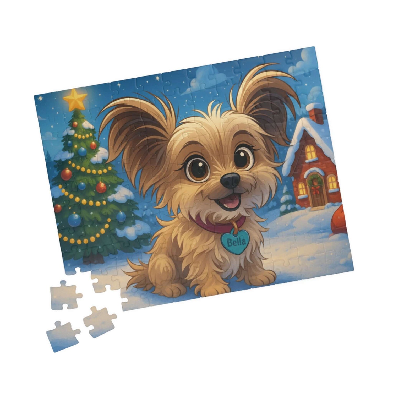 Magical Christmas Puzzle – Custom Cartoon from Your Photo featuring a cute dog and festive Christmas scene.
