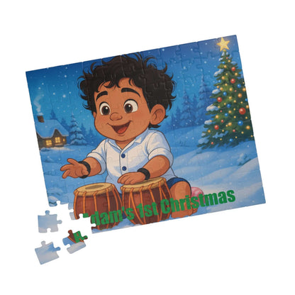 Magical Christmas Puzzle – Custom Cartoon from Your Photo featuring a joyful child playing drums in a snowy scene.