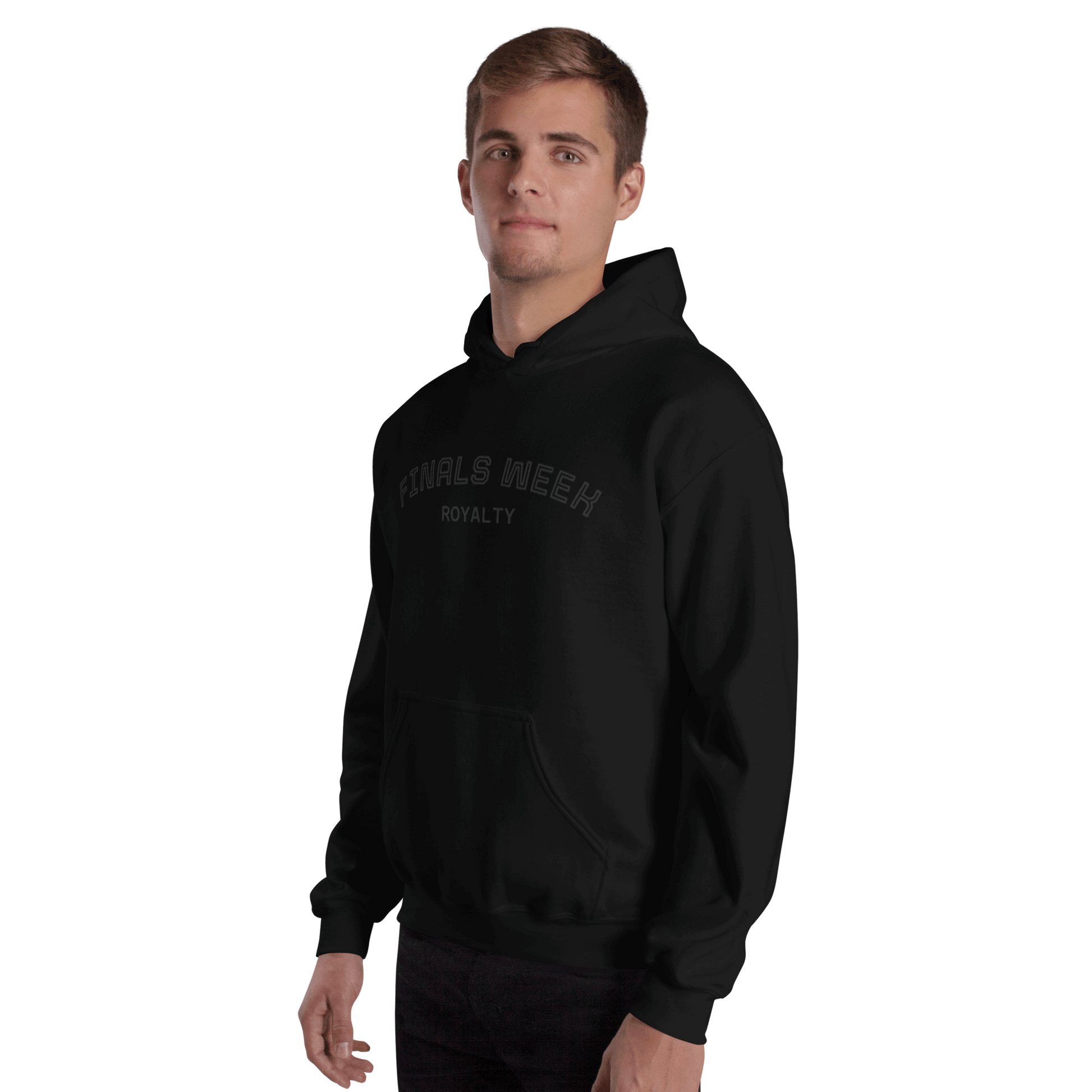 Custom College Hoodie – Your Mantra, Your Mood worn by a young man with 'FINALS WEEK ROYALTY' printed in bold.