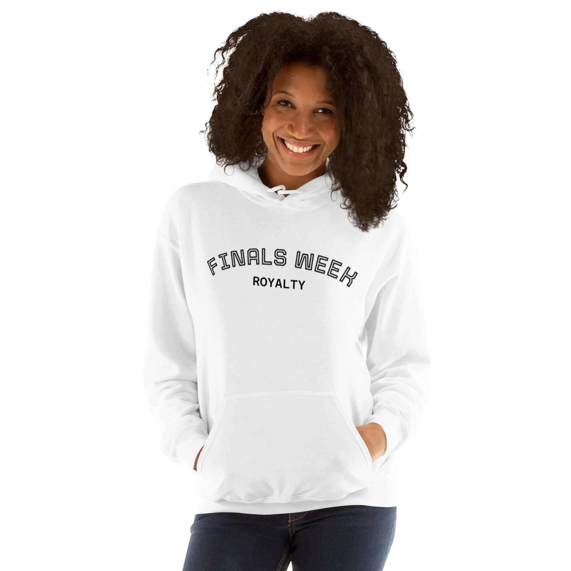 Custom College Hoodie – Your Mantra, Your Mood featuring 'FINALS WEEK ROYALTY' print on a white hoodie.