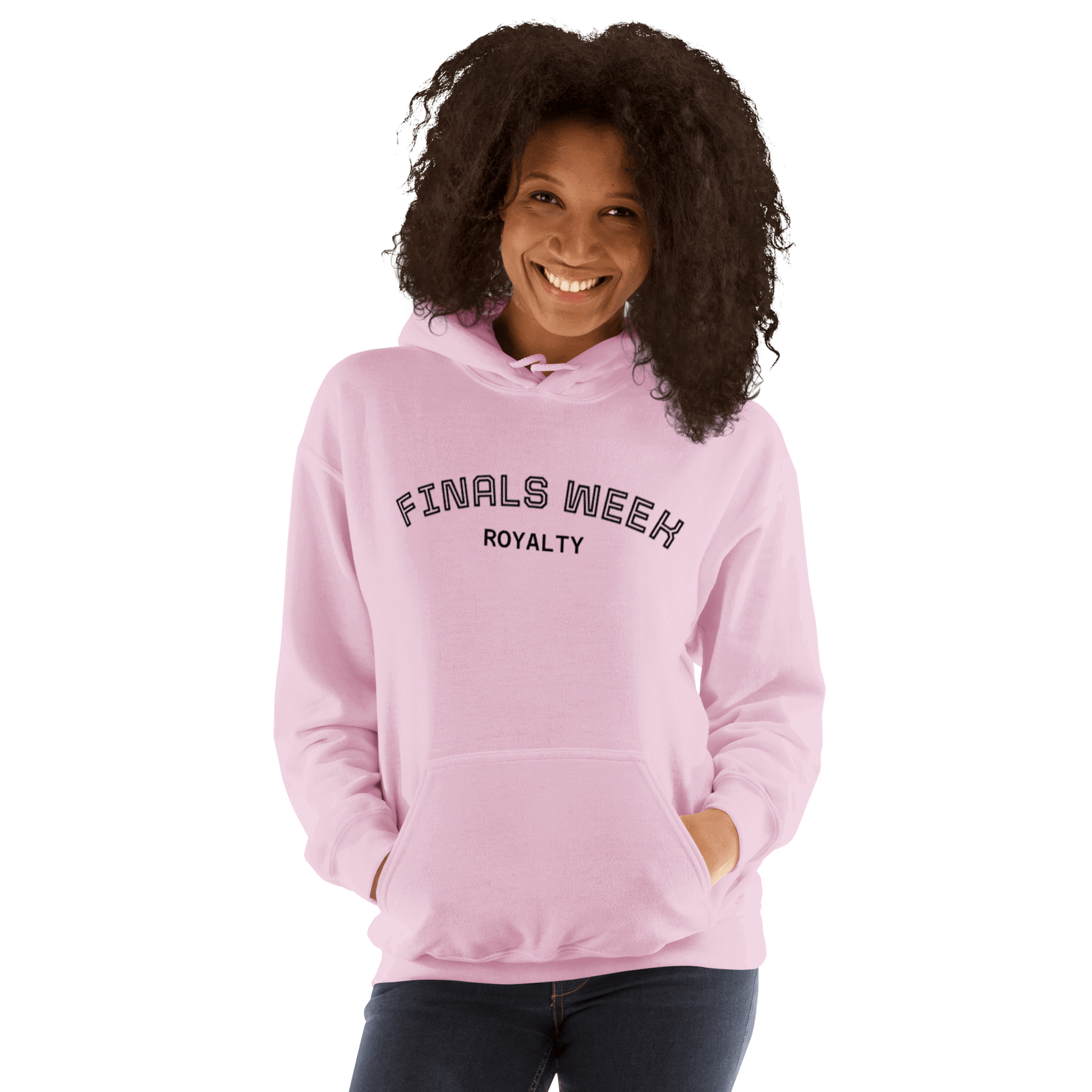 Custom College Hoodie – Your Mantra, Your Mood in pink with 'FINALS WEEK ROYALTY' printed.