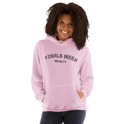 Custom College Hoodie – Your Mantra, Your Mood in pink with 'FINALS WEEK ROYALTY' printed.