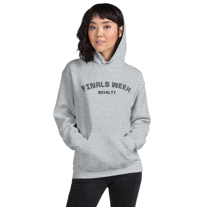 Custom College Hoodie – Your Mantra, Your Mood: Woman wearing a gray hoodie with 'FINALS WEEK ROYALTY' print.
