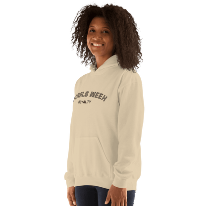 Custom College Hoodie – Your Mantra, Your Mood worn by a smiling woman with curly hair.