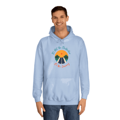 Custom College Hoodie – Add Your Photos, Text & Emojis Your Way with a man wearing a blue hoodie featuring a motivational design.