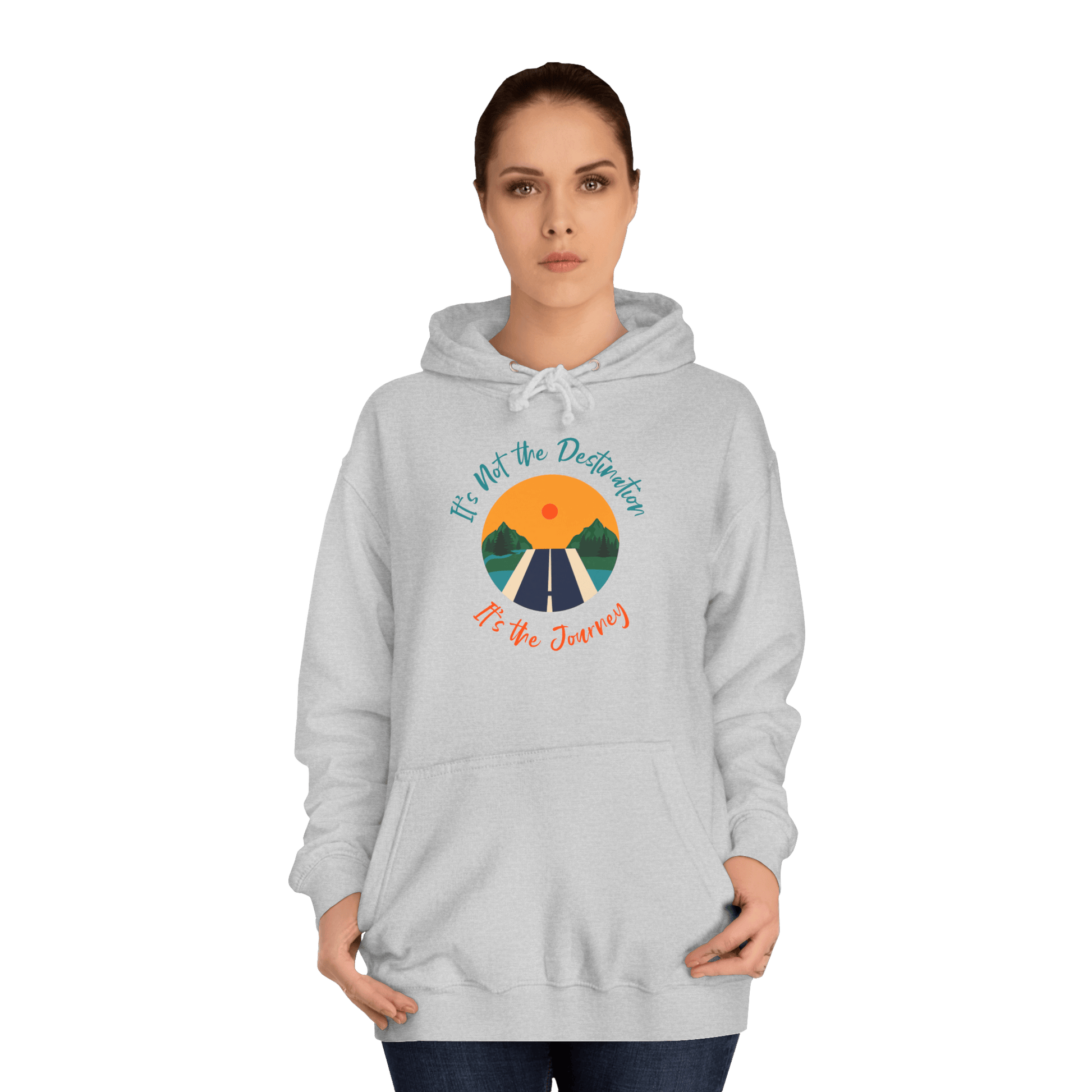 Custom College Hoodie – Add Your Photos, Text & Emojis Your Way featuring a journey-themed graphic.