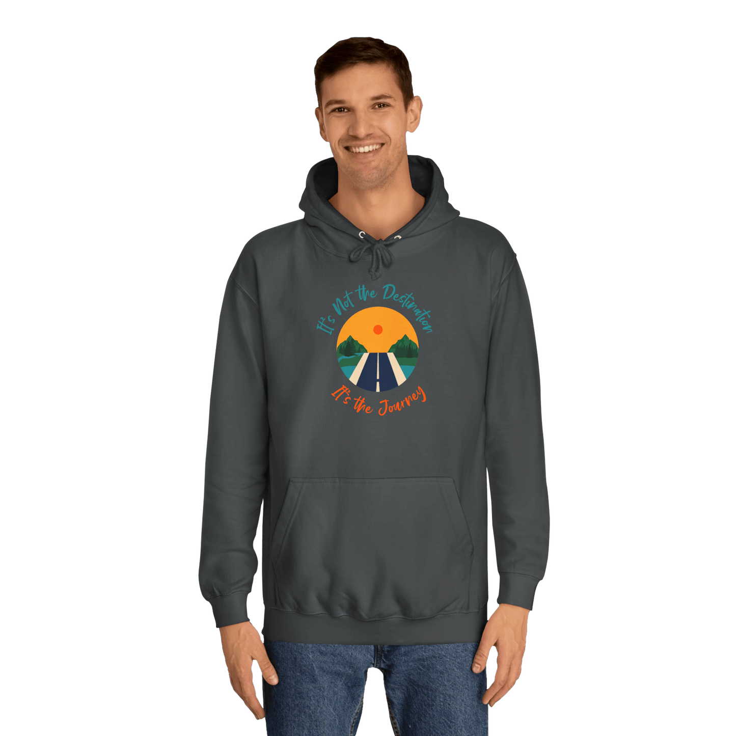 Custom College Hoodie – Add Your Photos, Text & Emojis Your Way worn by a man showcasing a motivational design.