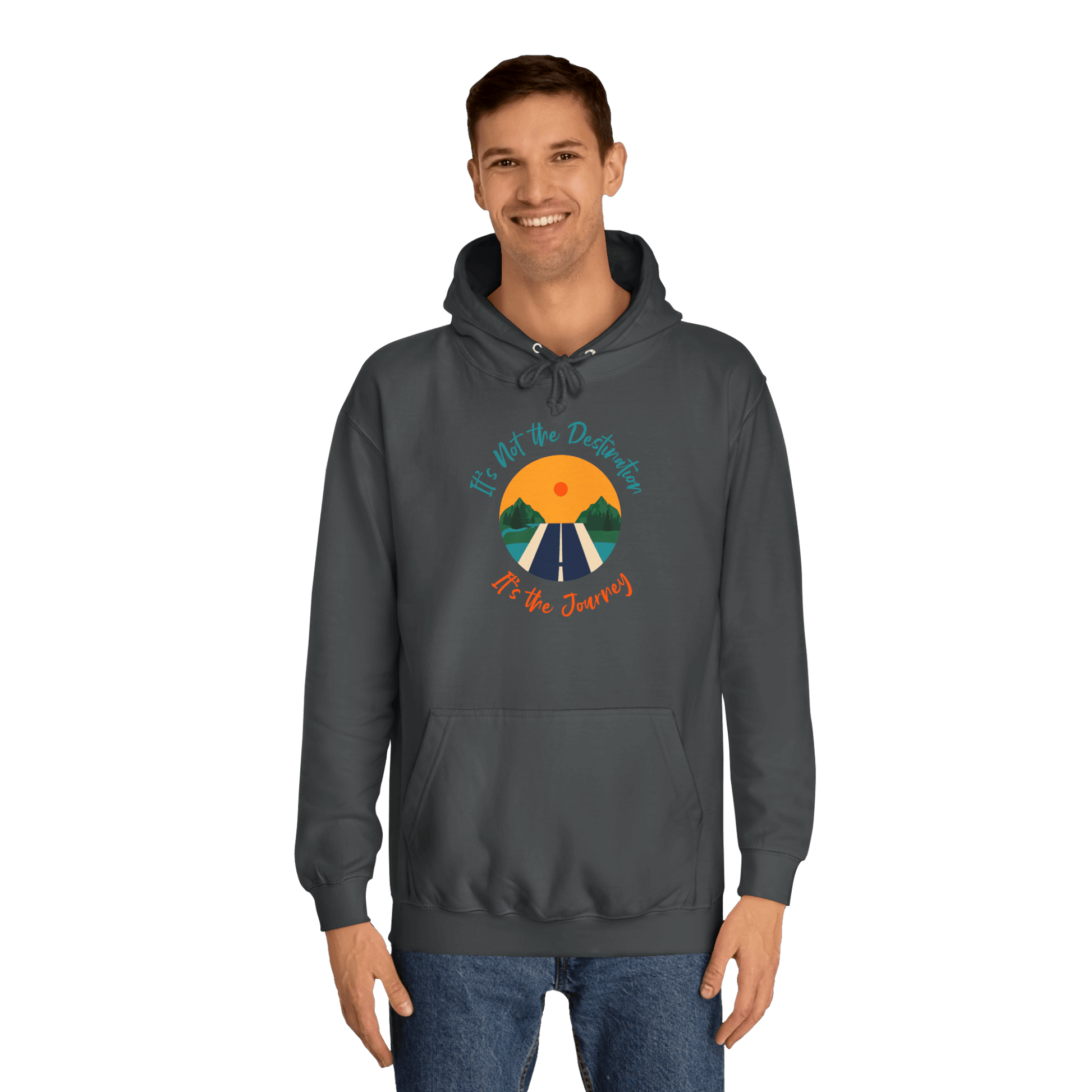 Custom College Hoodie – Add Your Photos, Text & Emojis Your Way worn by a man showcasing a motivational design.