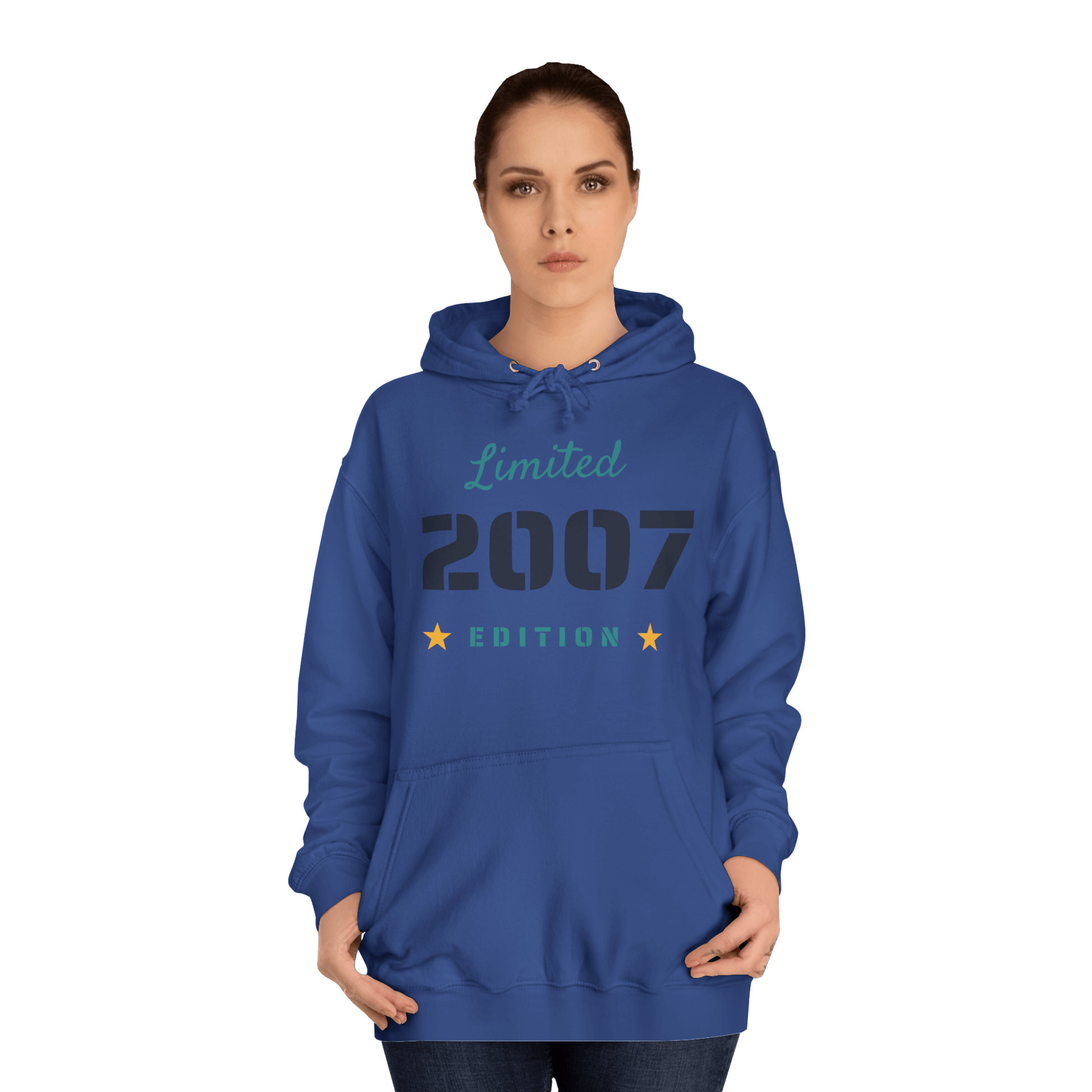 Custom College Hoodie – Add Your Photos, Text & Emojis Your Way displayed on a model in blue with a limited edition 2007 design.