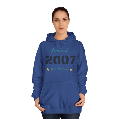 Custom College Hoodie – Add Your Photos, Text & Emojis Your Way displayed on a model in blue with a limited edition 2007 design.