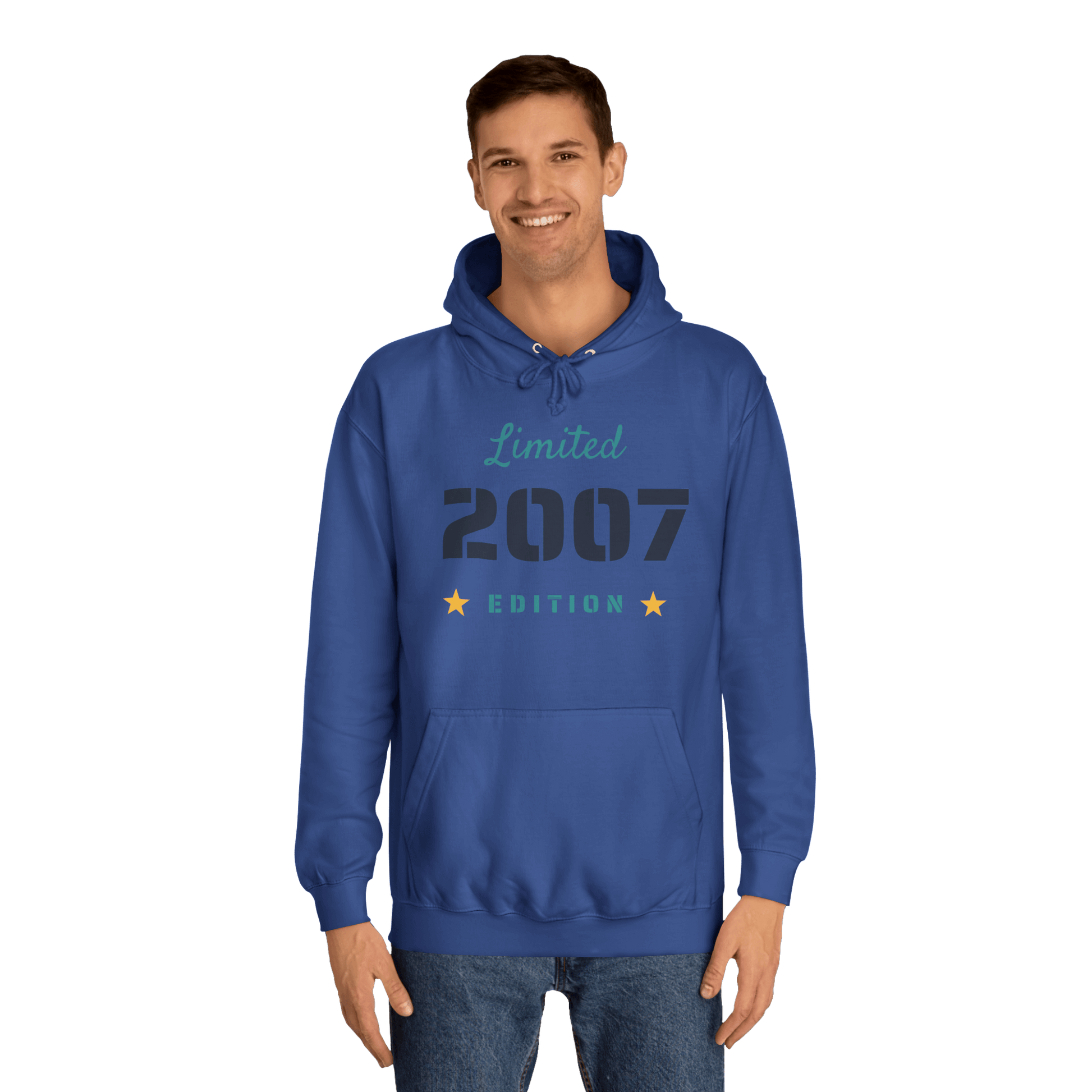Custom College Hoodie – Add Your Photos, Text & Emojis Your Way worn by a man in blue with 'Limited 2007 Edition' design.