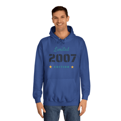 Custom College Hoodie – Add Your Photos, Text & Emojis Your Way in blue with Limited 2007 Edition design worn by a smiling man.