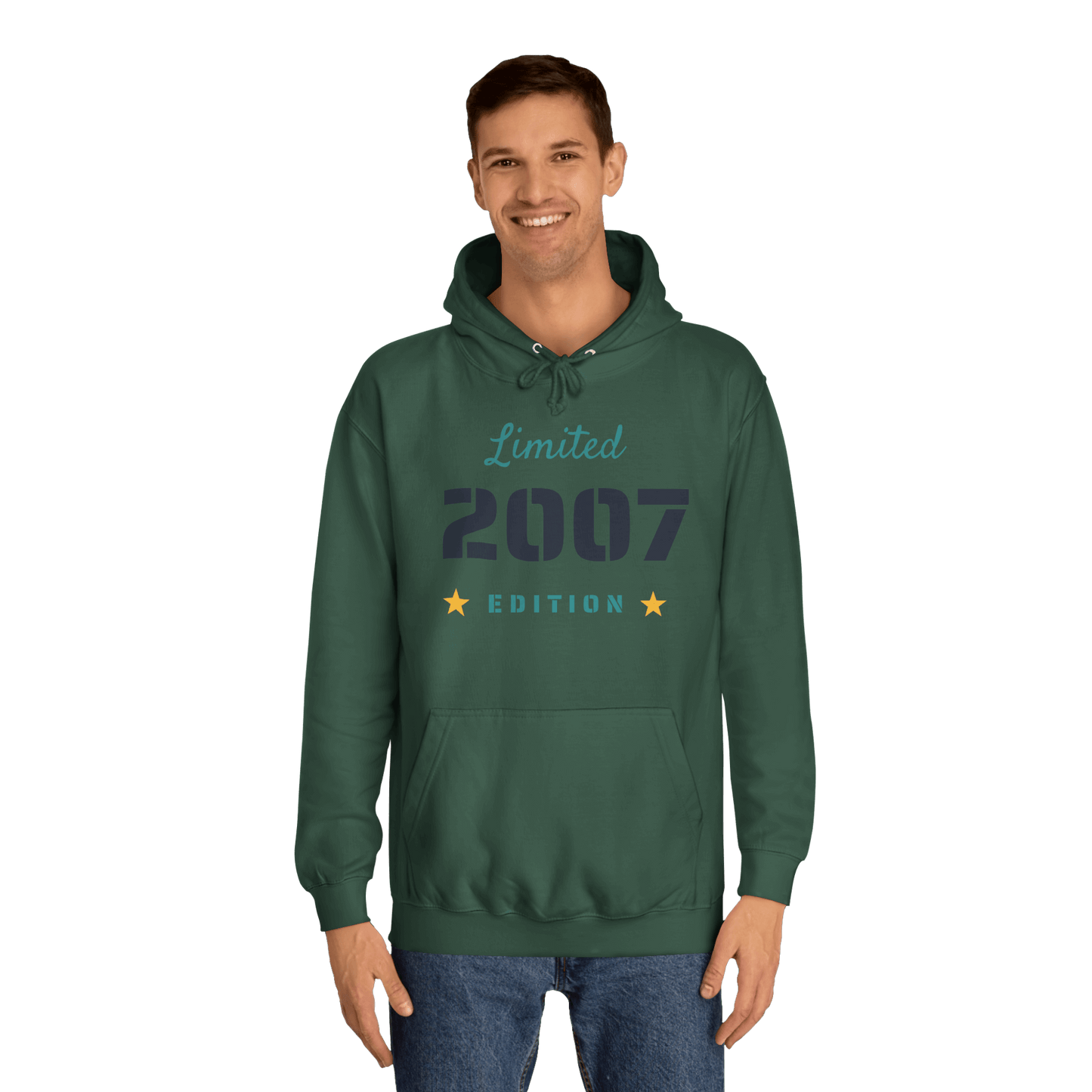 Custom College Hoodie – Add Your Photos, Text & Emojis Your Way worn by a man, featuring a Limited 2007 Edition design.