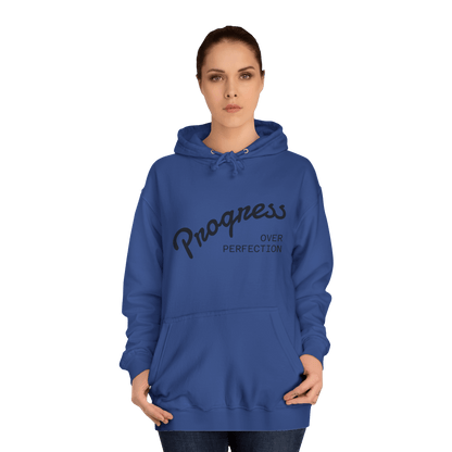 Custom College Hoodie – Add Your Photos, Text & Emojis Your Way in blue with 'Progress Over Perfection' design.